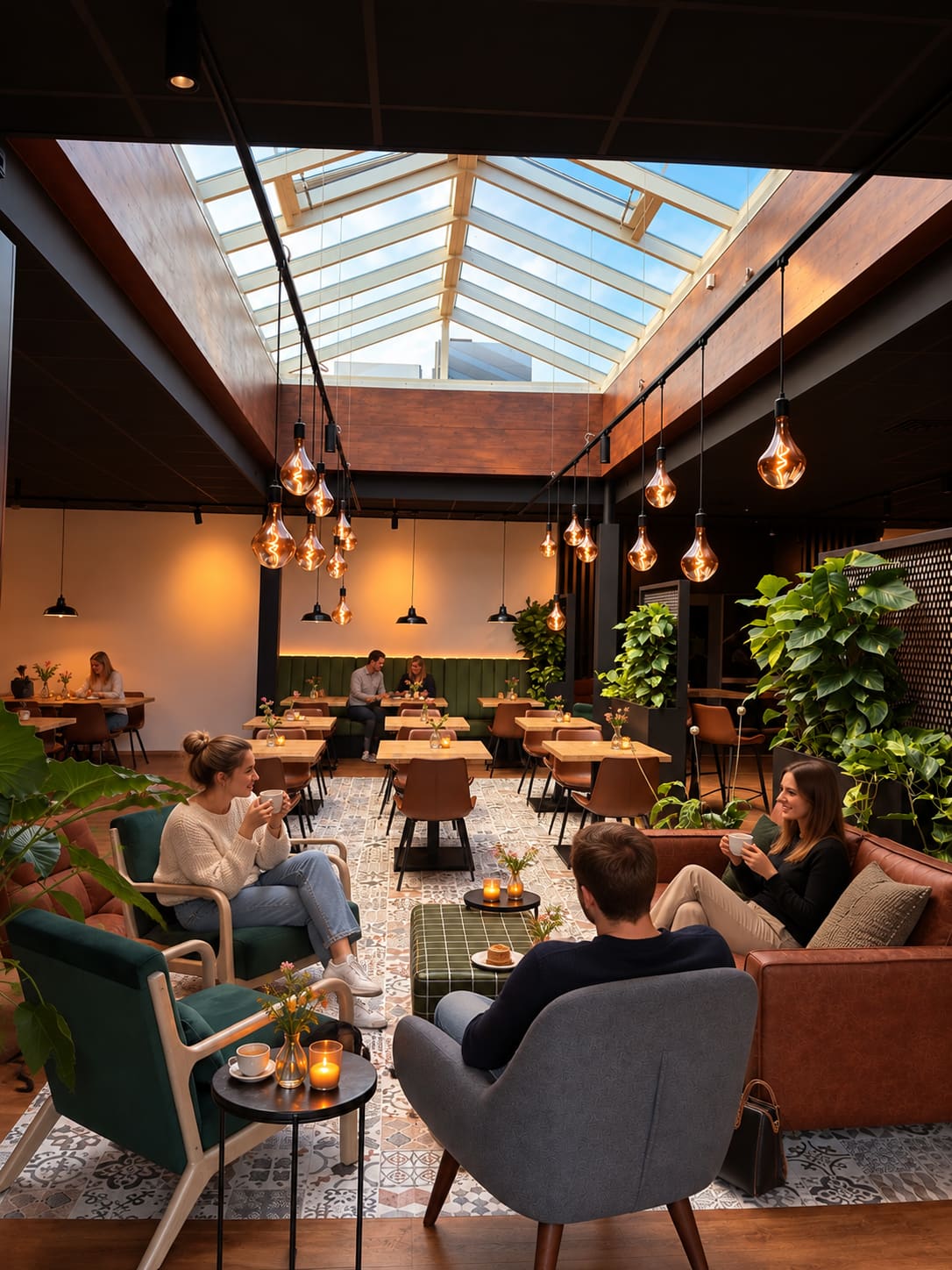 Gäste mit Kaffee in der gemütlichen Sitzecke mit Ledersofa und Sesseln im Wohnzimmer
