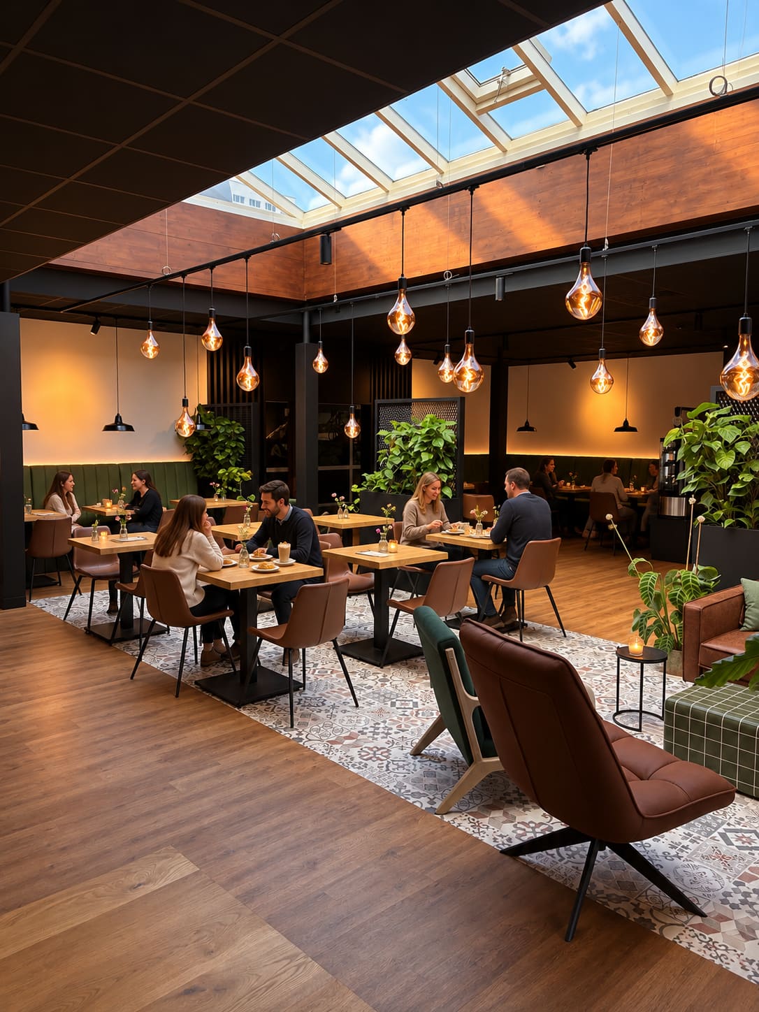 Gäste an Holztischen im Wohnzimmer unter Glasdach und warmen Pendelleuchten